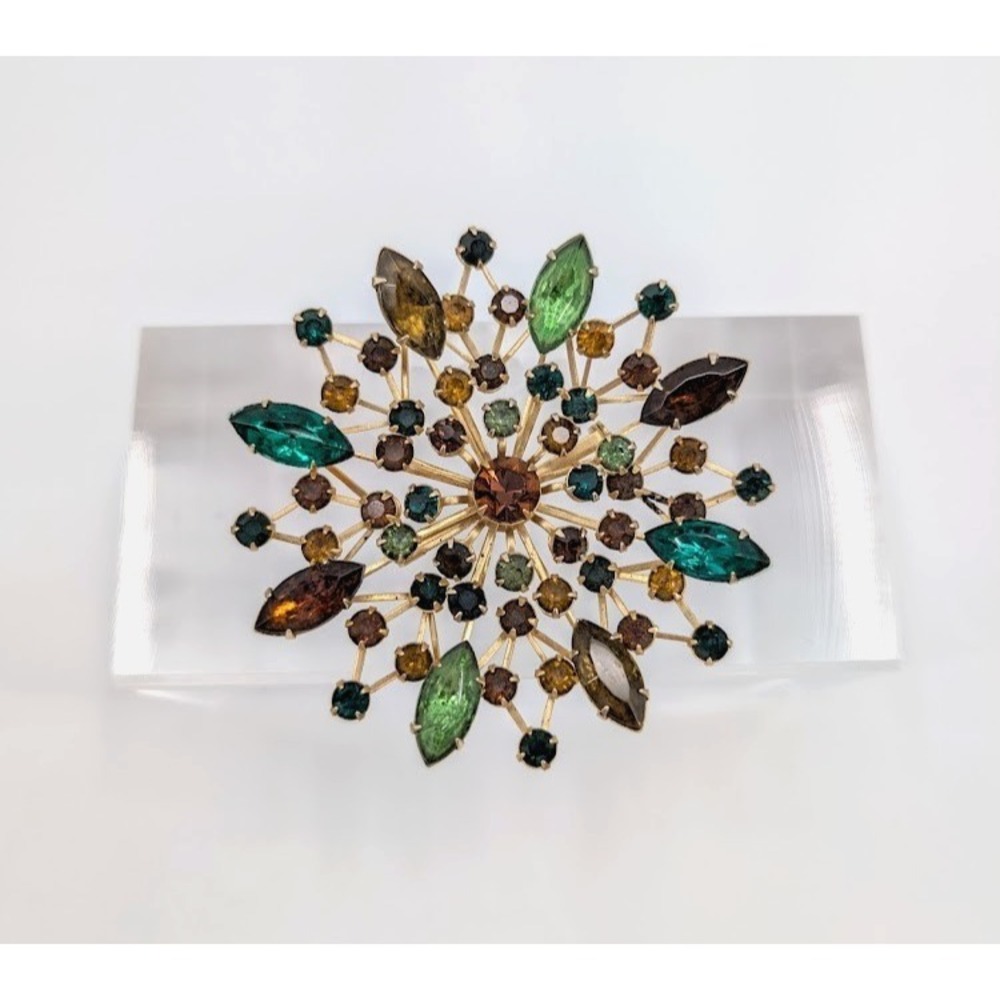 Vintage Rhinestone‎ Sunburst Brooch 3D Layered Gold Tone Earth Colors MCM